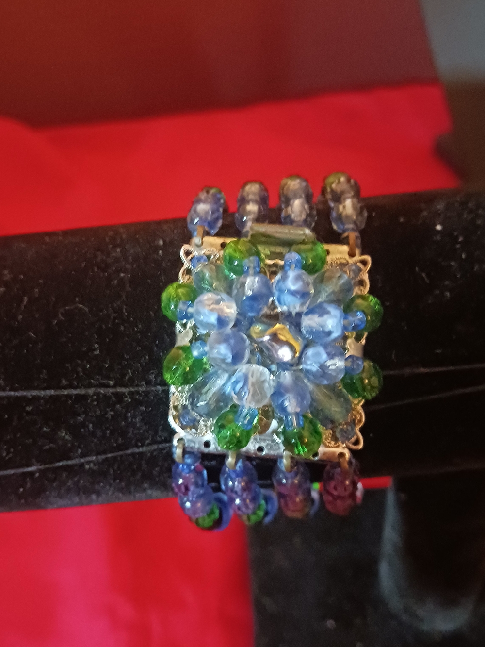 Blue and Green Beaded Floral Statement Bracelet